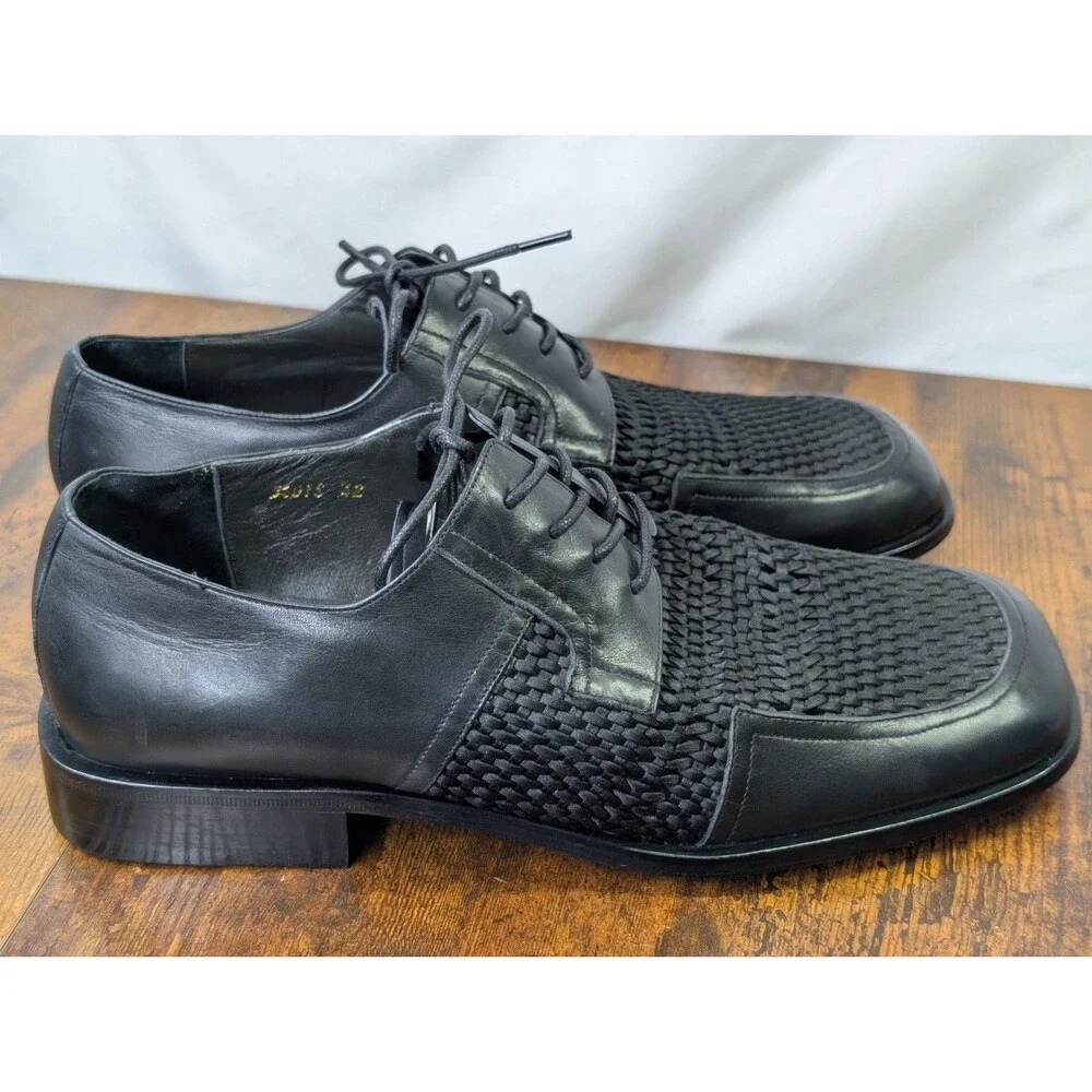 Vito Rufolo Italy Mens Woven Leather Dress Shoes Black Square Toe Derby Size 42